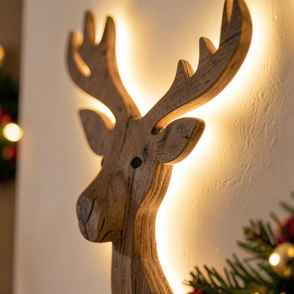 Warm LED glow around the wooden ReinGlow reindeer on a cream wall